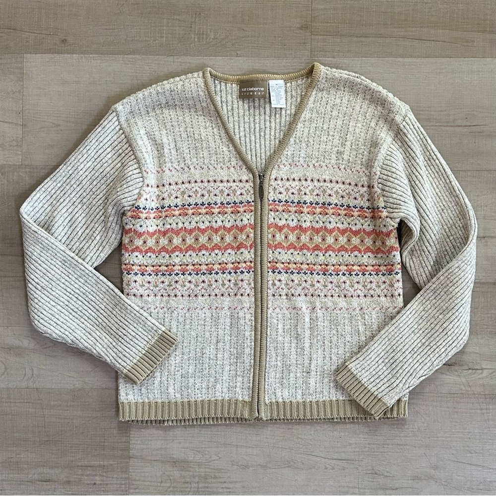 LIZ CLAIBORNE M Lizwear VTG RARE Autumn Fair Isle Zip Up Cardi Cardigan Sweater